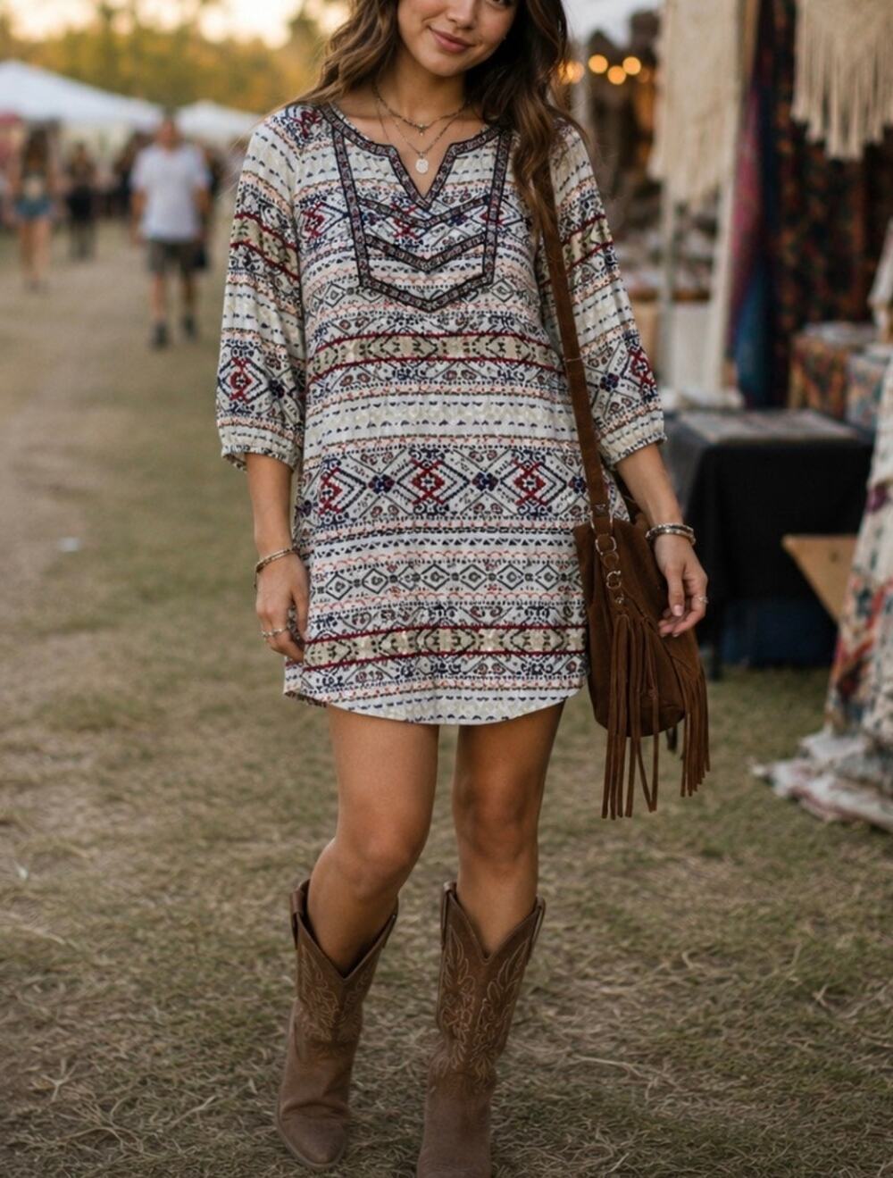 Skies Are Blue Boho Festival Dress shift Mini Tunic western lined summer XS